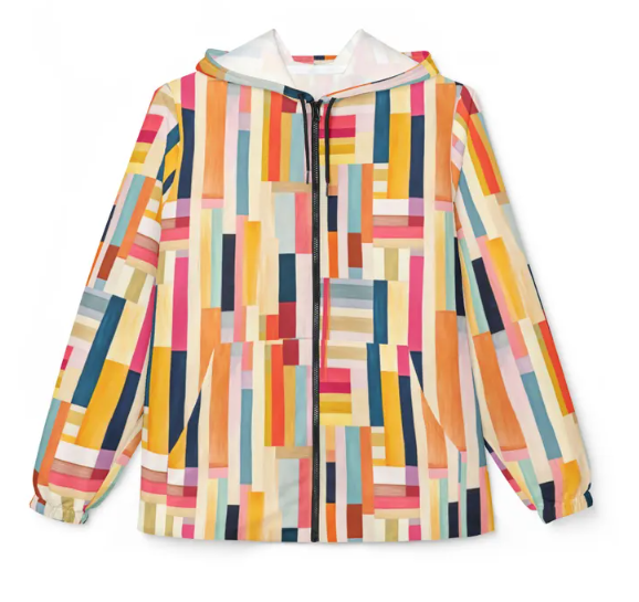 Colorblock Stripe Windbreaker Jacket — Bright Geometric All-Over Print