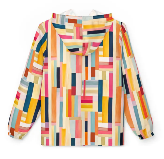 Colorblock Stripe Windbreaker Jacket — Bright Geometric All-Over Print