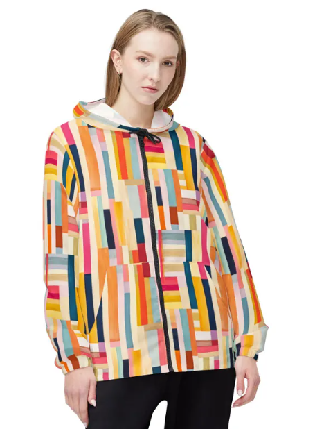 Colorblock Stripe Windbreaker Jacket — Bright Geometric All-Over Print