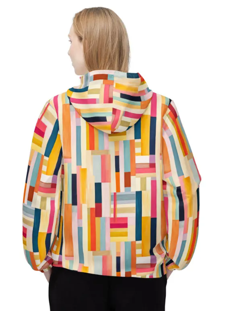 Colorblock Stripe Windbreaker Jacket — Bright Geometric All-Over Print