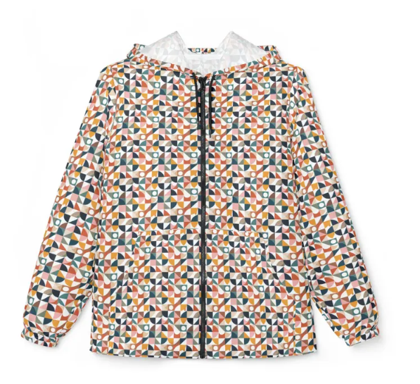 Geometric Mosaic Windbreaker Jacket — Colorful All-Over Print Hooded Shell