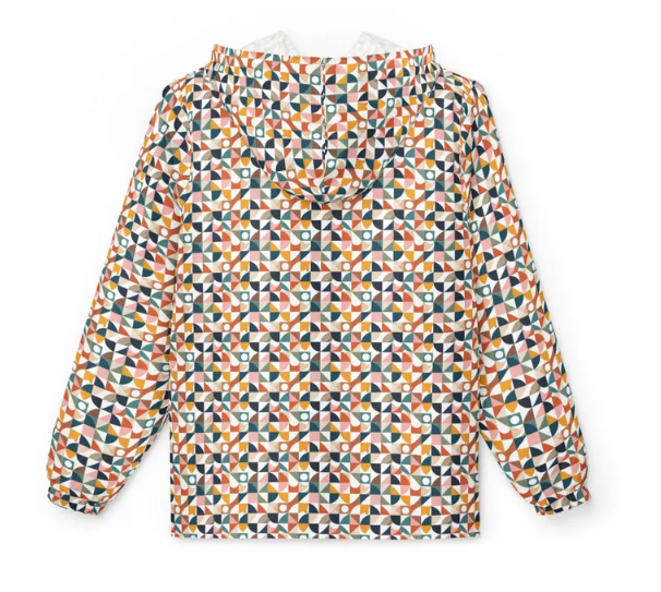 Geometric Mosaic Windbreaker Jacket — Colorful All-Over Print Hooded Shell
