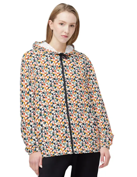 Geometric Mosaic Windbreaker Jacket — Colorful All-Over Print Hooded Shell