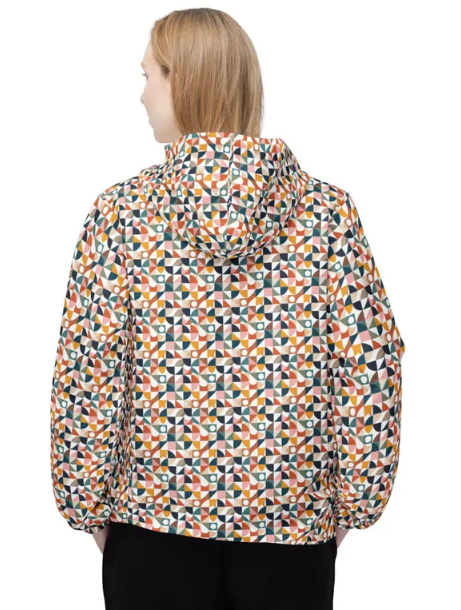 Geometric Mosaic Windbreaker Jacket — Colorful All-Over Print Hooded Shell